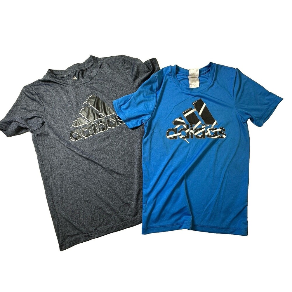 Adidas Youth Size Small 7 Lot of 2 Graphic Logo T Shirts Gray Blue